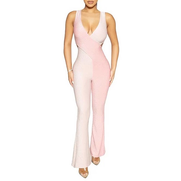 naked wardrobe Pants - Naked Wardrobe Pink and Cream Jumpsuit Sparkle Colorblock